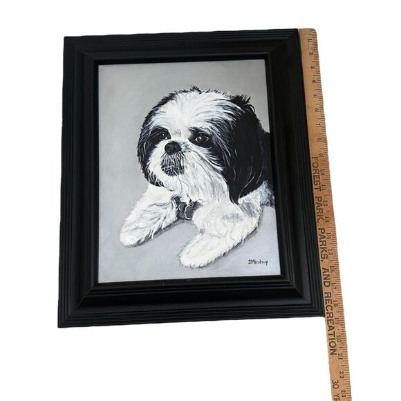 Shih Tzu Dog Puppy Artist Signed Painting Portrait Black Frame 15”x18” Eclectic - Picture 5 of 11
